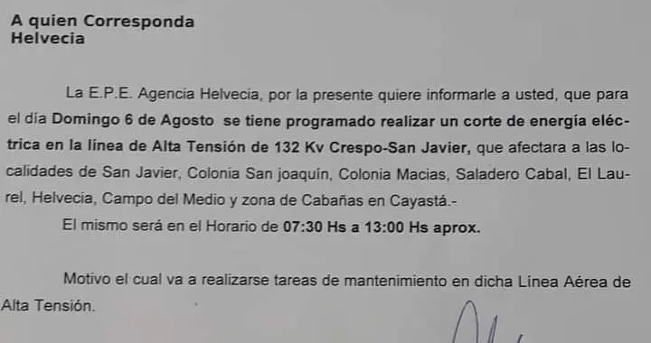 HELVECIA, LA E.P.E ANUNCIA PARA ESTE DOMINGO UN CORTE DE SUMINISTRO PARA VARIAS LOCALIDADES DEL DPTO GARAY