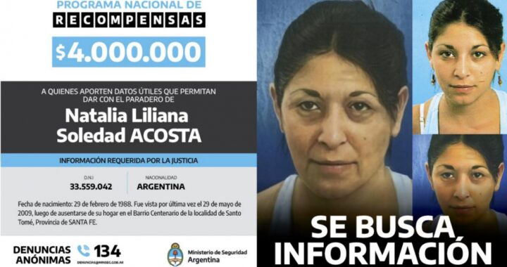 SE OFRECE RECOMPENSA A QUIENES APORTEN DATOS SOBRE NATALIA LILIANA SOLEDAD ACOSTA