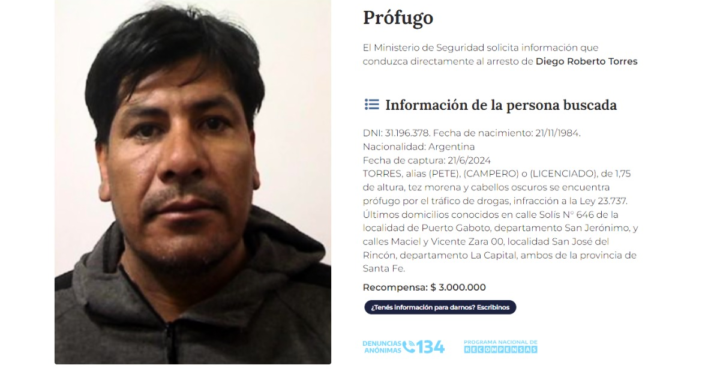 EL MINISTERIO DE BULLRICH OFRECE RECOMPENSA POR «PETE», «CAMPERO» O «LICENCIADO» TORRES, UN PRÓFUGO VISTO EN LOCALIDADES DE LA COSTA