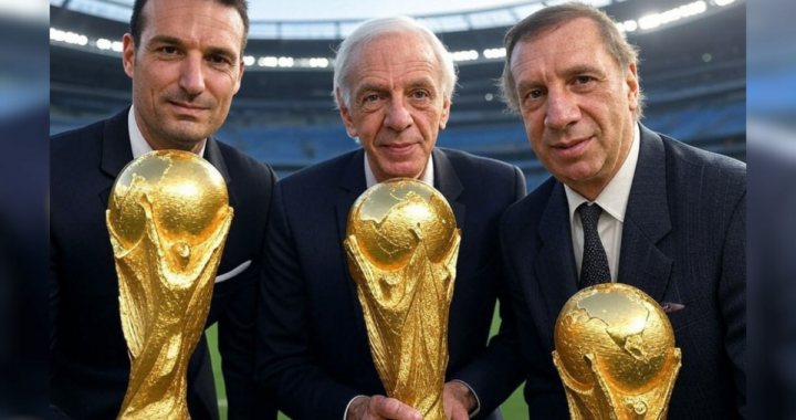 LA MEJOR FOTO DE LA HISTORIA: SCALON, IMENOTTI Y BILARDO, JUNTOS CON SUS COPAS DEL MUNDO